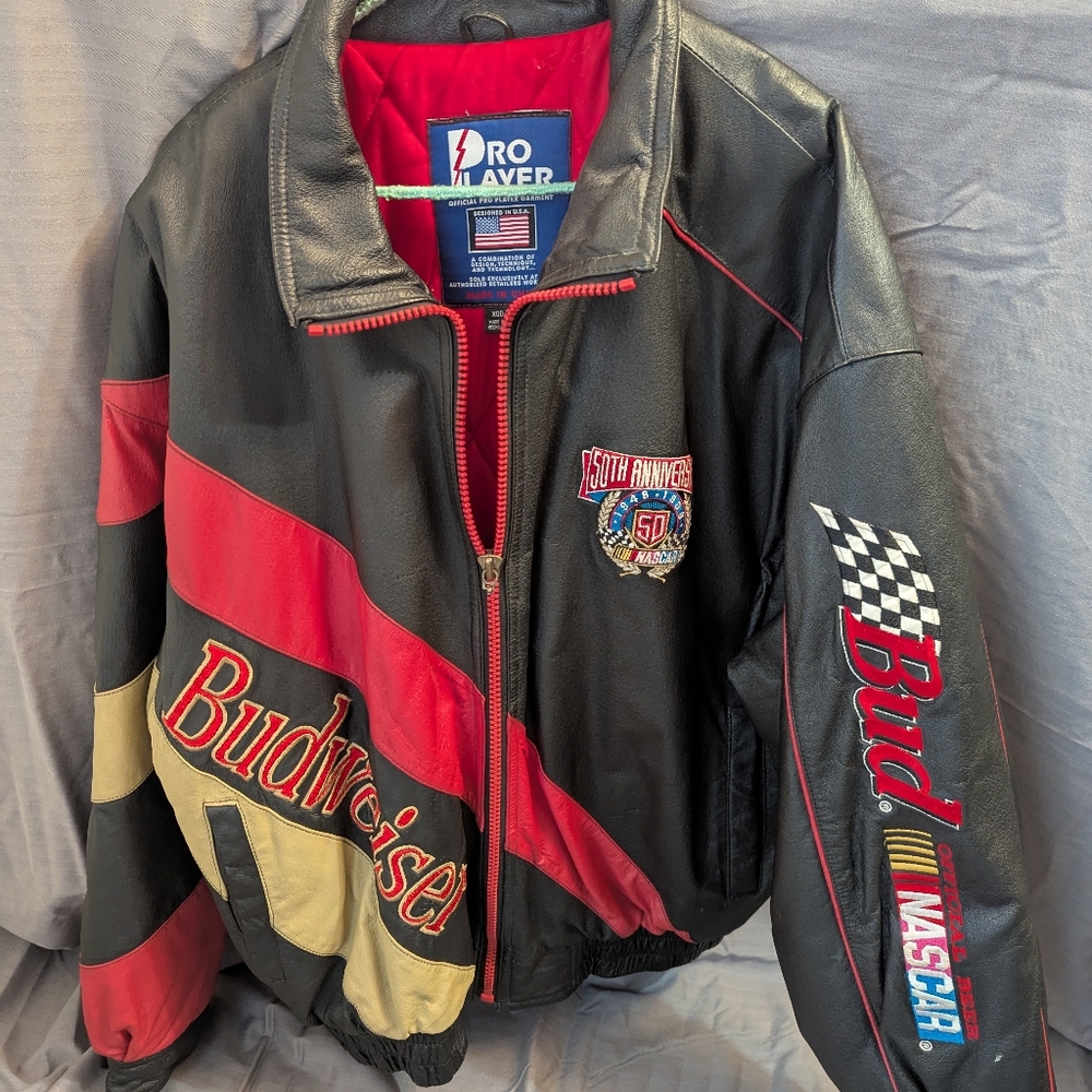 Vintage Budweiser Leather Jacket 90s NASCAR Racing XL